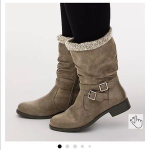 Gray faux leather sweater trimmed slouchy moto boot wide width from torrid